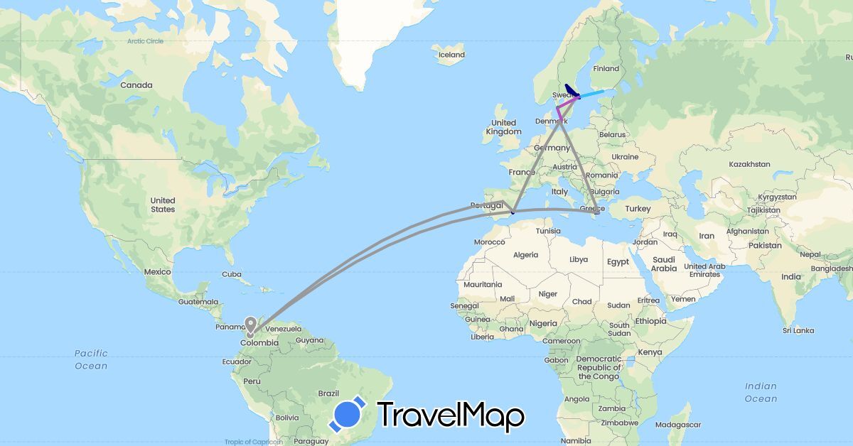 TravelMap itinerary: driving, bus, plane, train, boat in Colombia, Denmark, Spain, Finland, Greece, Sweden (Europe, South America)